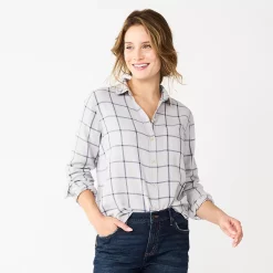 Women's Sonoma Goods For Life® Essential Everyday Button-Down Shirt 28 Women's Sonoma Goods For Life® Essential Everyday Button-Down Shirt -True Fit Shop 4991213 Gray Blue Plaid