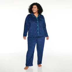 Plus Size Sonoma Goods For Life® Velour Pajama Shirt & Pajama Pants Set -True Fit Shop 5033014 Navy Dot
