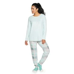 Women's Sonoma Goods For Life® 3-pc. Long Sleeve Pajama Top, Pajama Pants & Socks Set -True Fit Shop 5034508 Aqua Buffalo Check