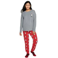 Women's Sonoma Goods For Life® 3-pc. Long Sleeve Pajama Top, Pajama Pants & Socks Set -True Fit Shop 5034508 Red Penguin