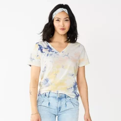 Petite Sonoma Goods For Life® Everyday Short Sleeve V-Neck Tee -True Fit Shop 5234230 Blue Peach Tie Dye