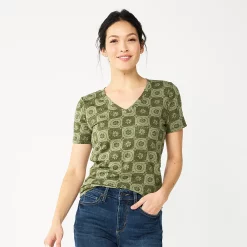 Petite Sonoma Goods For Life® Everyday Short Sleeve V-Neck Tee -True Fit Shop 5234230 Olive Check Floral