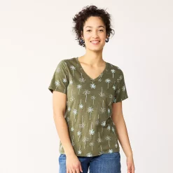 Petite Sonoma Goods For Life® Everyday Short Sleeve V-Neck Tee -True Fit Shop 5234230 Olive Teal Palm Trees