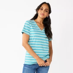 Petite Sonoma Goods For Life® Everyday Short Sleeve V-Neck Tee -True Fit Shop 5234230 Teal Multi Stripe