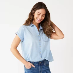 Petite Sonoma Goods For Life® Short Sleeve Button Down Shirt 7 Petite Sonoma Goods For Life® Short Sleeve Button Down Shirt -True Fit Shop 5243772 Light Wash Chambray