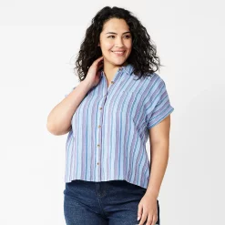 Plus Size Sonoma Goods For Life® Short Sleeve Button Down Top -True Fit Shop 5258112 Blue Happy Stripe