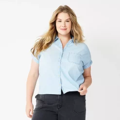 Plus Size Sonoma Goods For Life® Short Sleeve Button Down Top -True Fit Shop 5258112 Light Wash Chambray