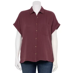 Plus Size Sonoma Goods For Life® Short Sleeve Button Down Top -True Fit Shop 5258112 Plum Prune