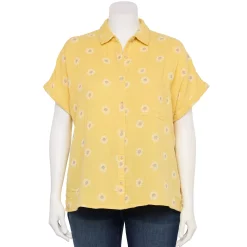 Plus Size Sonoma Goods For Life® Short Sleeve Button Down Top -True Fit Shop 5258112 Yellow Textured Daisy