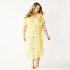 Plus Size Sonoma Goods For Life® Button Front Midi Shirt Dress -True Fit Shop 5317244 Citron Dots