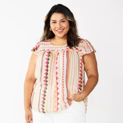 Plus Size Sonoma Goods For Life® Short Sleeve Yoke Front Top -True Fit Shop 5511621 Peach Triangle Stripe