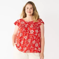 Plus Size Sonoma Goods For Life® Short Sleeve Yoke Front Top -True Fit Shop 5511621 Red Floral