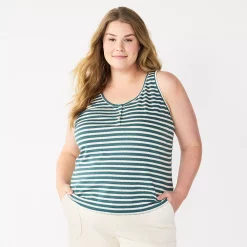 Plus Size Sonoma Goods For Life® Striped Henley Tank 10 Plus Size Sonoma Goods For Life® Striped Henley Tank -True Fit Shop 5528667 Green Cream Stripe