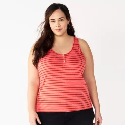 Plus Size Sonoma Goods For Life® Striped Henley Tank 9 Plus Size Sonoma Goods For Life® Striped Henley Tank -True Fit Shop 5528667 Red Coral Stripe