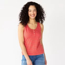 Women's Sonoma Goods For Life® Striped Henley Tank Top -True Fit Shop 5529186 Red Coral Stripe