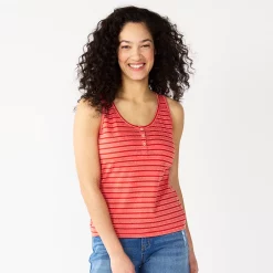 Women's Sonoma Goods For Life® Striped Henley Tank -True Fit Shop 5542172 Red Coral Stripe