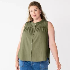 Plus Size Sonoma Goods For Life® Solid Ruffled Button-Front Tank -True Fit Shop 5575169 Olive Night