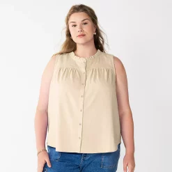 Plus Size Sonoma Goods For Life® Solid Ruffled Button-Front Tank -True Fit Shop 5575169 Paradise Sand