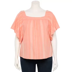 Plus Size Sonoma Goods For Life® Flutter Shoulder Top -True Fit Shop 5581181 Coral Cream Stripe