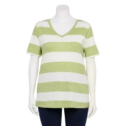 Petite Plus Size Sonoma Goods For Life® Everyday V-Neck Tee -True Fit Shop 5581510 Lime Rugby Stripe