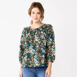 Women's Sonoma Goods For Life® Ruffle Shoulder Peasant Top -True Fit Shop 5584039 Blue Black Floral