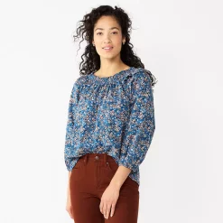 Women's Sonoma Goods For Life® Ruffle Shoulder Peasant Top -True Fit Shop 5584039 Blue Vintage Floral