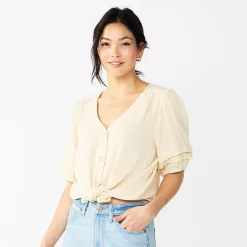 Women's Sonoma Goods For Life® Pleated Elbow-Sleeve Blouse -True Fit Shop 5584778 Beige