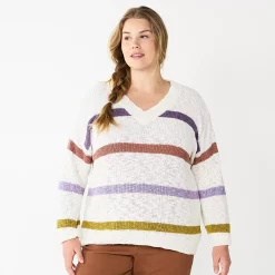 Plus Size Sonoma Goods For Life® Long Sleeve V-Neck Sweater -True Fit Shop 5585496 Beige Stripe