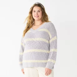 Plus Size Sonoma Goods For Life® Long Sleeve V-Neck Sweater -True Fit Shop 5585496 Gray Stripe