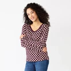 Women's Sonoma Goods For Life® Everyday V-Neck Long Sleeve Tee -True Fit Shop 5625801 Berry Checkerboard
