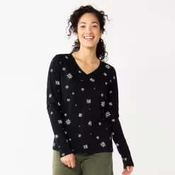 Women's Sonoma Goods For Life® Everyday V-Neck Long Sleeve Tee -True Fit Shop 5625801 Black Scatter Floral