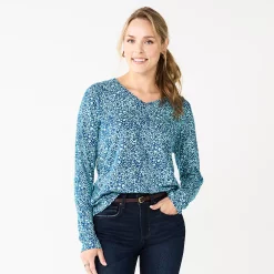 Women's Sonoma Goods For Life® Everyday V-Neck Long Sleeve Tee -True Fit Shop 5625801 Blue Floral