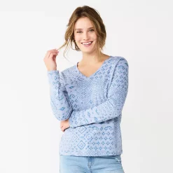 Women's Sonoma Goods For Life® Everyday V-Neck Long Sleeve Tee -True Fit Shop 5625801 Blue Patchwork