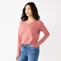 Women's Sonoma Goods For Life® Everyday V-Neck Long Sleeve Tee -True Fit Shop 5625801 Mauve Stripe