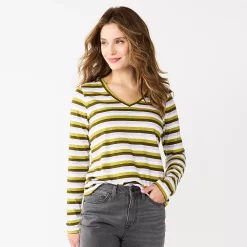 Women's Sonoma Goods For Life® Everyday V-Neck Long Sleeve Tee -True Fit Shop 5625801 Olive Stripe