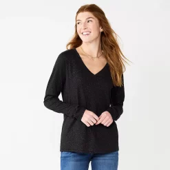 Women's Sonoma Goods For Life® Everyday V-Neck Long Sleeve Tee -True Fit Shop 5625801 Shine Black
