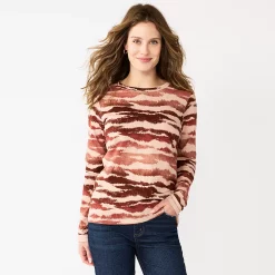 Women's Sonoma Goods For Life® Everyday Crewneck Long Sleeve Tee -True Fit Shop 5625802 Tan Abstract Animal