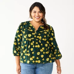 Plus Size Sonoma Goods For Life® Notchneck Long Sleeve Top -True Fit Shop 5661416 Green Yellow Floral
