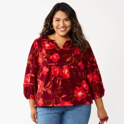 Plus Size Sonoma Goods For Life® Notchneck Long Sleeve Top -True Fit Shop 5661416 Large Red Floral
