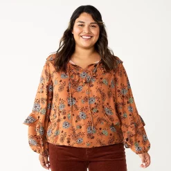 Plus Size Sonoma Goods For Life® Ruffle Peasant Top -True Fit Shop 5662063 Brown Blue Floral