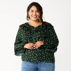 Plus Size Sonoma Goods For Life® Ruffle Peasant Top -True Fit Shop 5662063 Dark Green Mini Floral