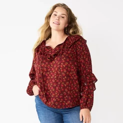 Plus Size Sonoma Goods For Life® Ruffle Peasant Top -True Fit Shop 5662063 Red Mini Floral