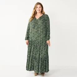 Plus Size Sonoma Goods For Life® Tiered Long Sleeve Maxi Dress -True Fit Shop 5664433 Olive Multi Floral