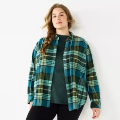 Plus Size Sonoma Goods For Life® Everyday Flannel Shirt -True Fit Shop 5664645 Dark Green Blue Plaid