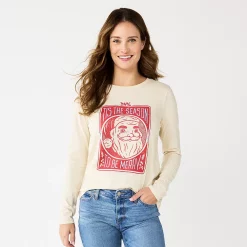 Women's Sonoma Goods For Life® Long Sleeve Christmas Graphic Tee -True Fit Shop 5676288 Cream Santa