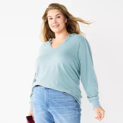 Plus Size Sonoma Goods For Life® Smocked Sleeve V-Neck Top -True Fit Shop 5689960 Light Blue