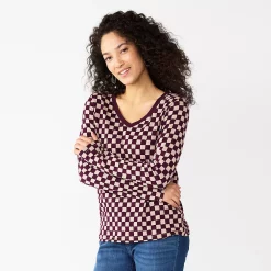 Petite Sonoma Goods For Life® Everyday Long Sleeve V-Neck Top -True Fit Shop 5705363 Berry Checkerboard