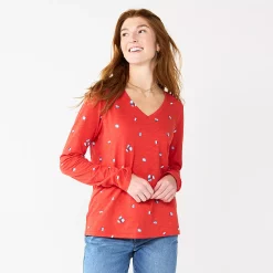 Petite Sonoma Goods For Life® Everyday Long Sleeve V-Neck Top -True Fit Shop 5705363 Red Scatter Floral