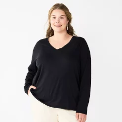 Plus Size Sonoma Goods For Life® Favorite Long Sleeve V-Neck Tee -True Fit Shop 5705505 Black