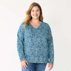 Plus Size Sonoma Goods For Life® Favorite Long Sleeve V-Neck Tee -True Fit Shop 5705505 Blue Floral